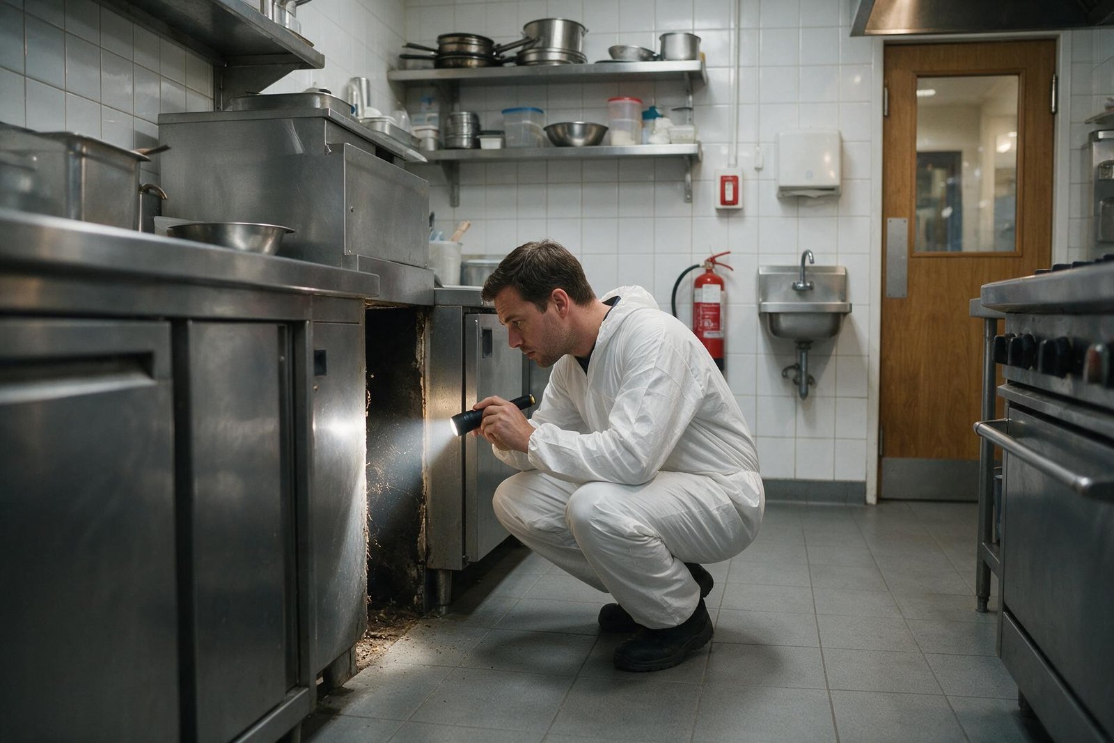 Diagnostic d'infestation : inspection à la lampe derrière les équipements d'une cuisine professionnelle à Marrakech