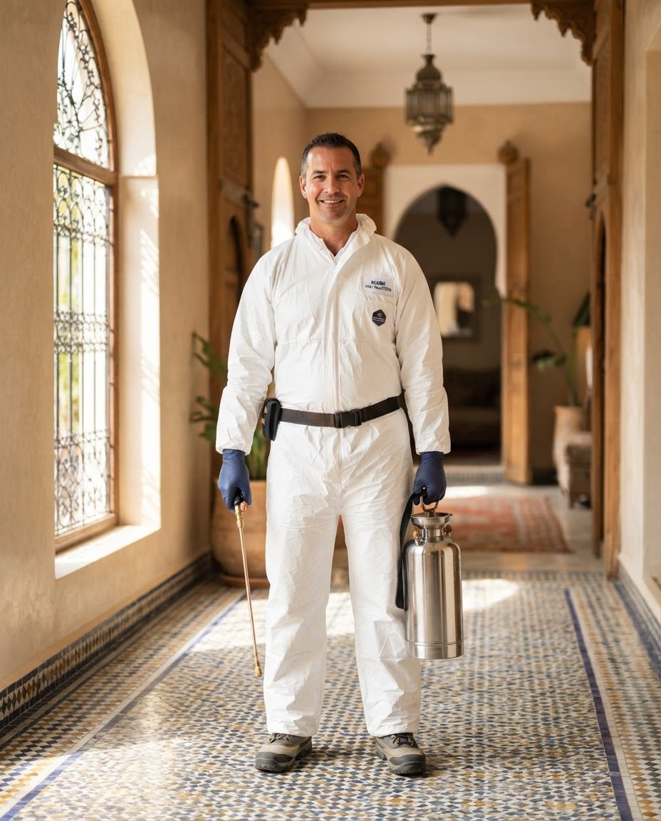 Technicien ANTINUISIBLES MARRAKECH en tenue de protection avec pulvérisateur professionnel